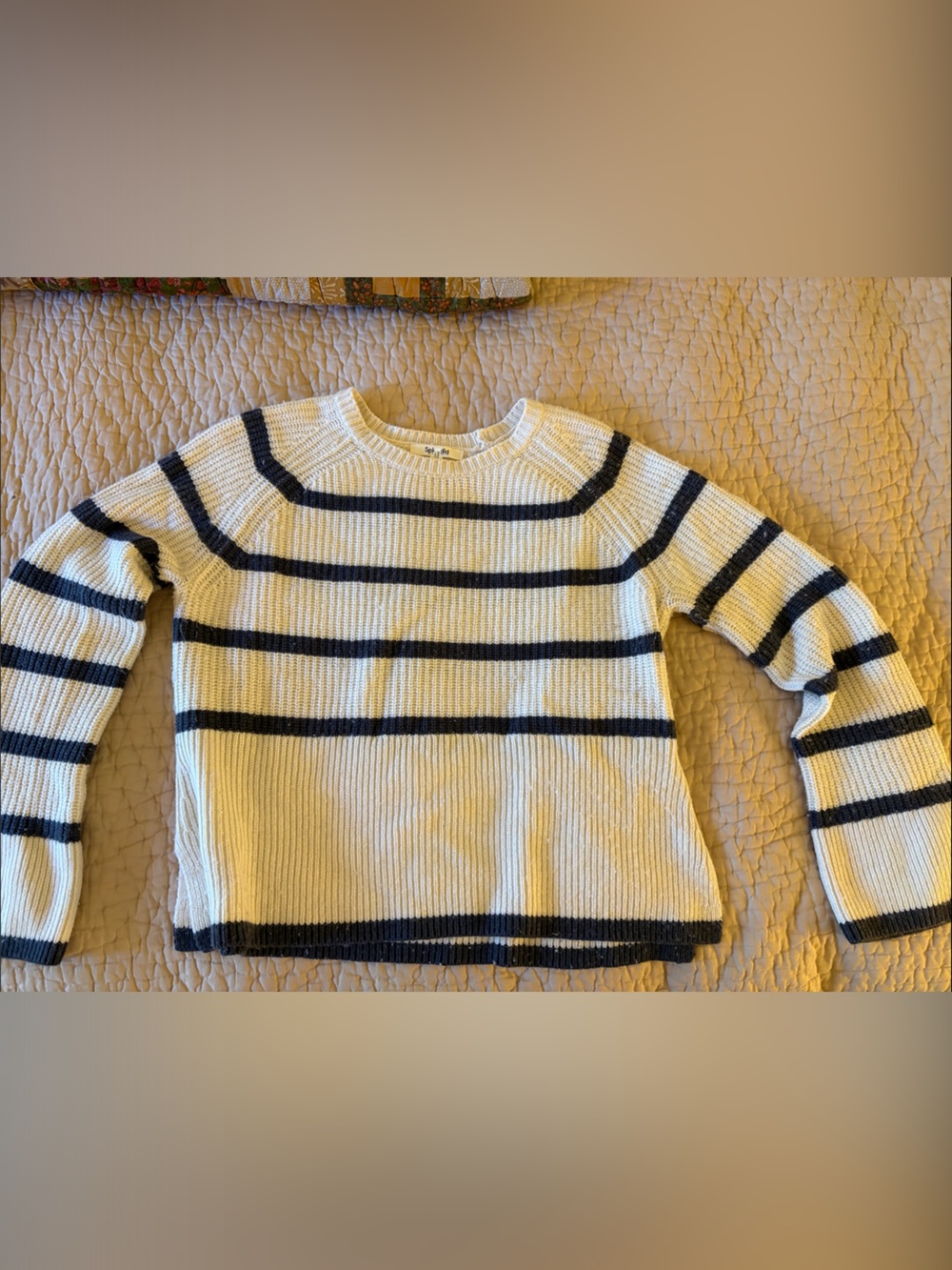 Splendid Cream and Navy Blue Striped Ribbed Crewneck Sweater